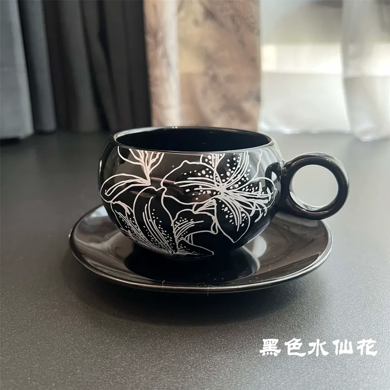 Ceramic Coffee Cup and Saucer Set with Flower Design tableware view 6
