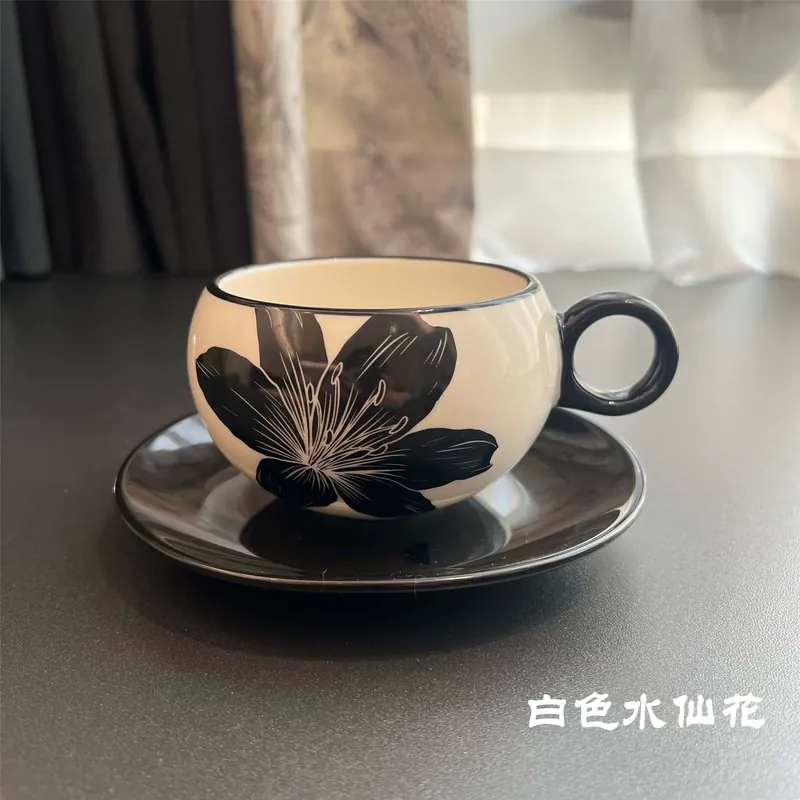 Ceramic Coffee Cup and Saucer Set with Flower Design tableware view 7