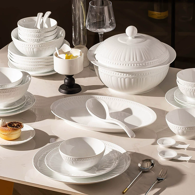 Service de vaisselle en porcelaine osseuse gaufrée tableware view 3