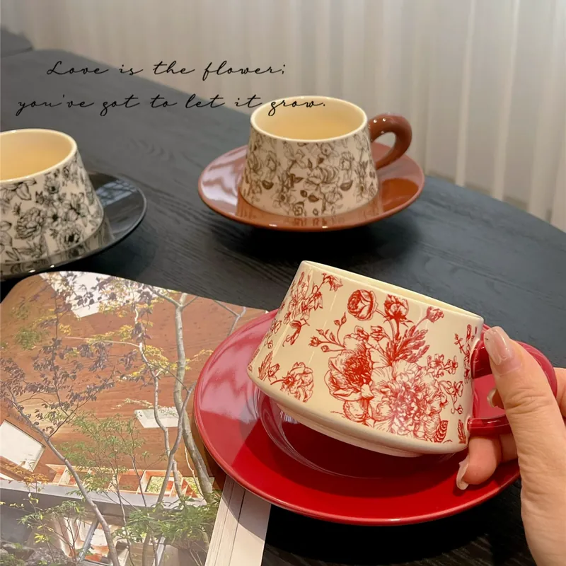 Ceramic Coffee Cup and Saucer Set with Floral Design