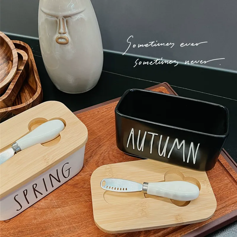 Ceramic Butter Dish with Lid and Knife tableware view 2