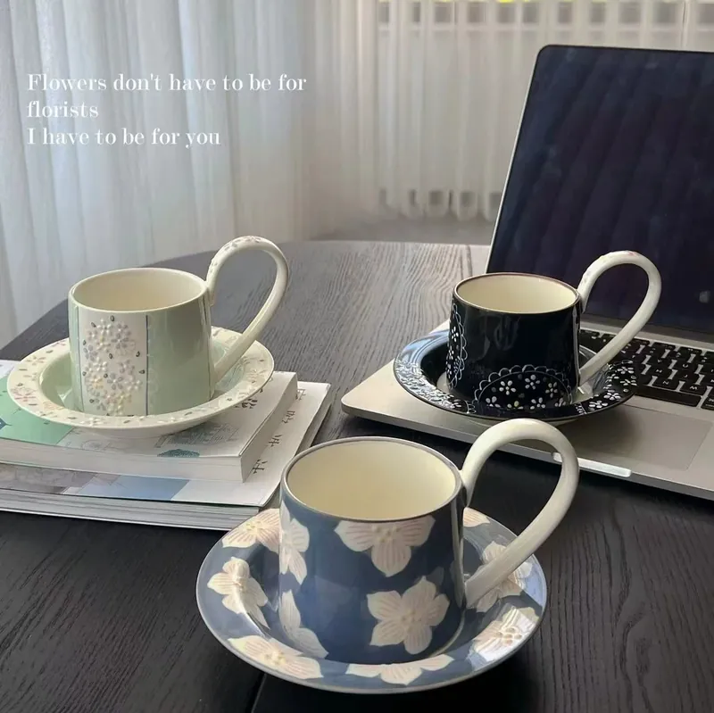 Ceramic Coffee Cup and Saucer Set with Vintage Design