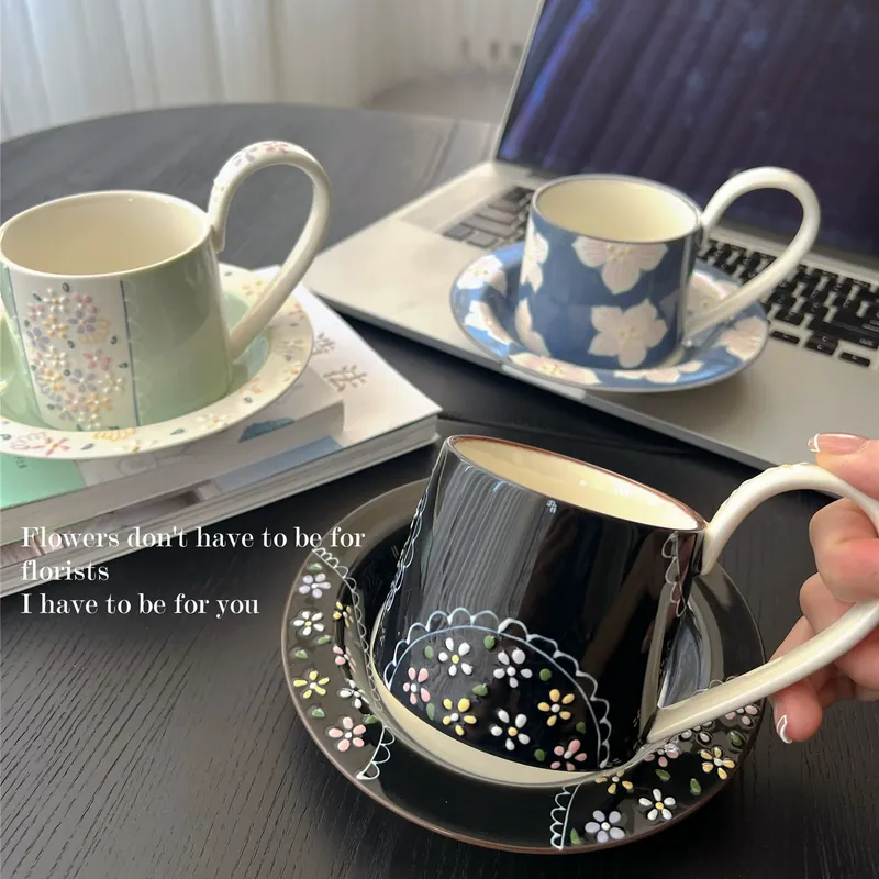 Ceramic Coffee Cup and Saucer Set with Vintage Design tableware view 2