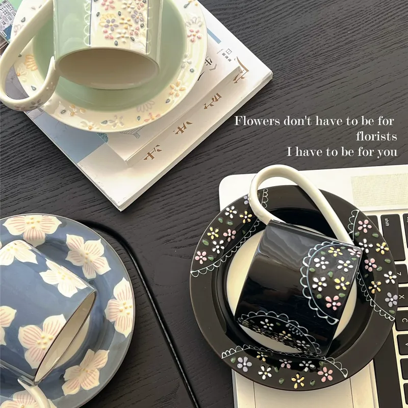 Ceramic Coffee Cup and Saucer Set with Vintage Design tableware view 3