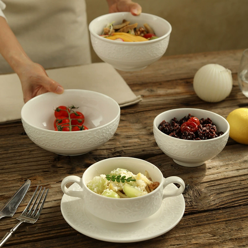 Relief White Ceramic Soup Bowl