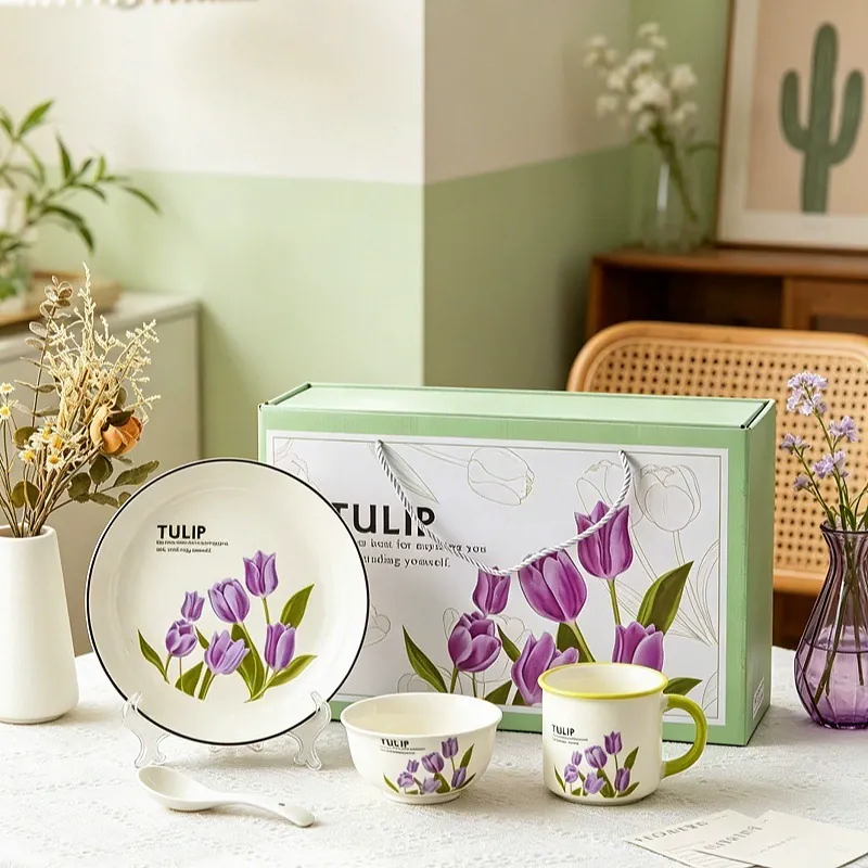 Service de vaisselle tulipe en céramique avec bols et assiettes tableware view 4