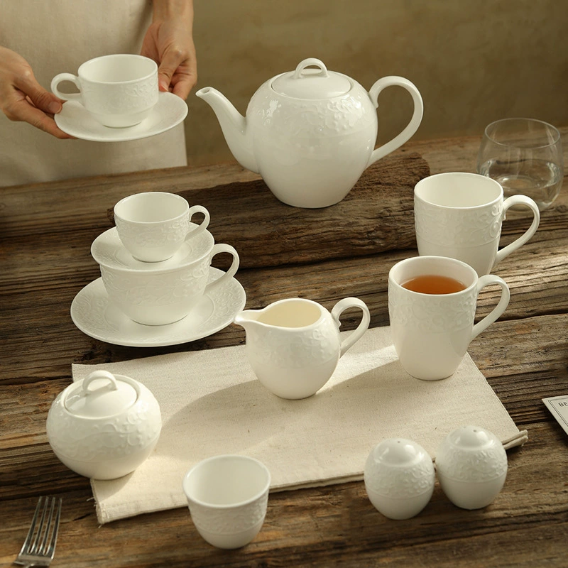 Relief Coffee Cup and Saucer Set with Milk Jug