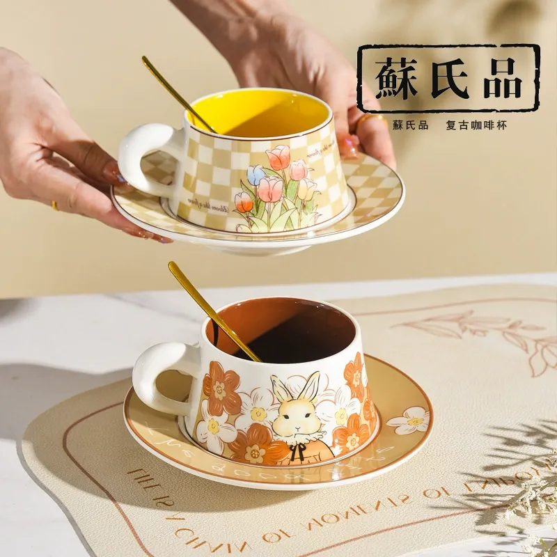 Vintage Ceramic Coffee Cup and Saucer Set tableware view 2