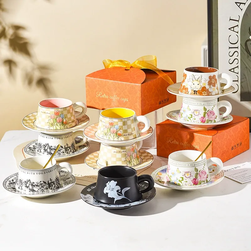 Vintage Ceramic Coffee Cup and Saucer Set tableware view 4