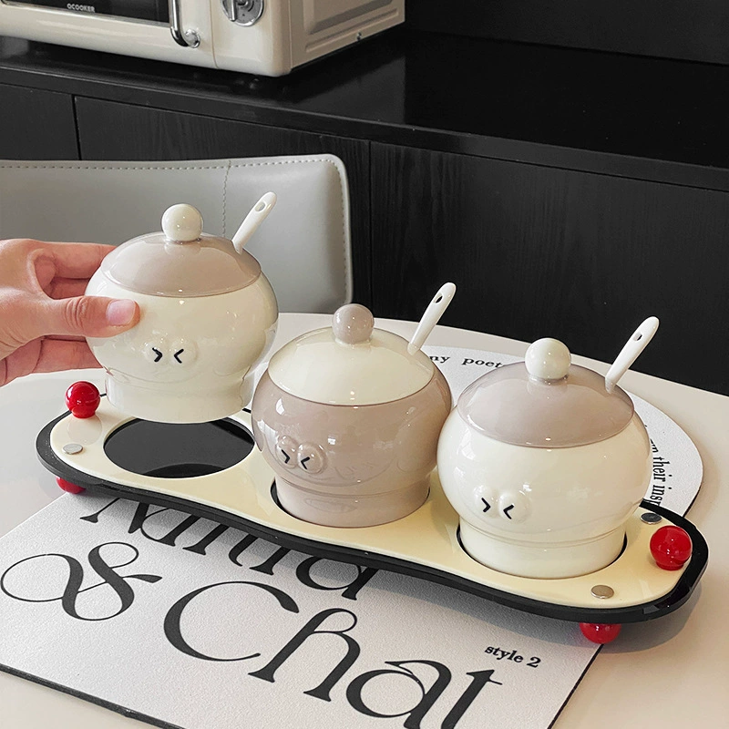 Ceramic Spice Jar Set with Cream Design