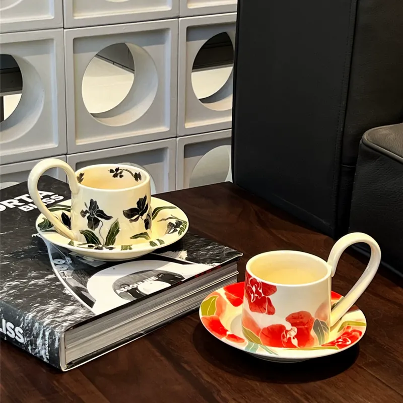 Ceramic Coffee Cup and Saucer Set with Iris Design