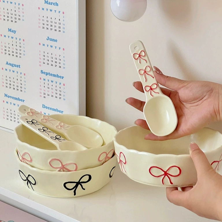 Pink Embossed Ceramic Spoon with Bow