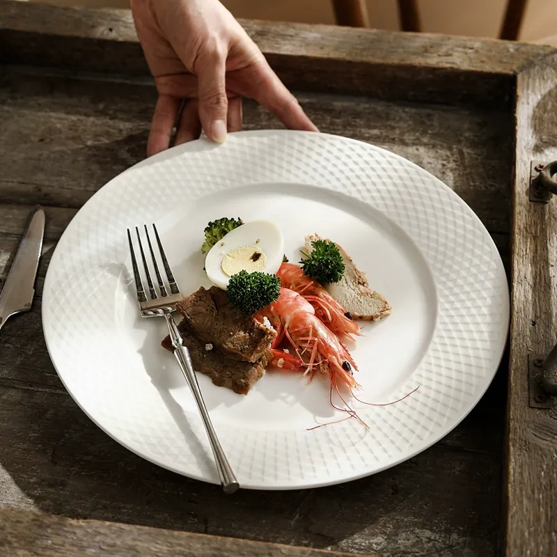 Grid Pattern Ceramic Steak Plate tableware view 3