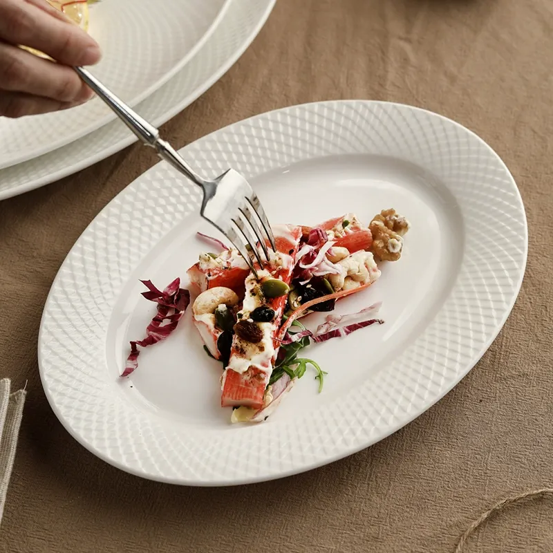 Grid Pattern Oval Ceramic Plate tableware view 2
