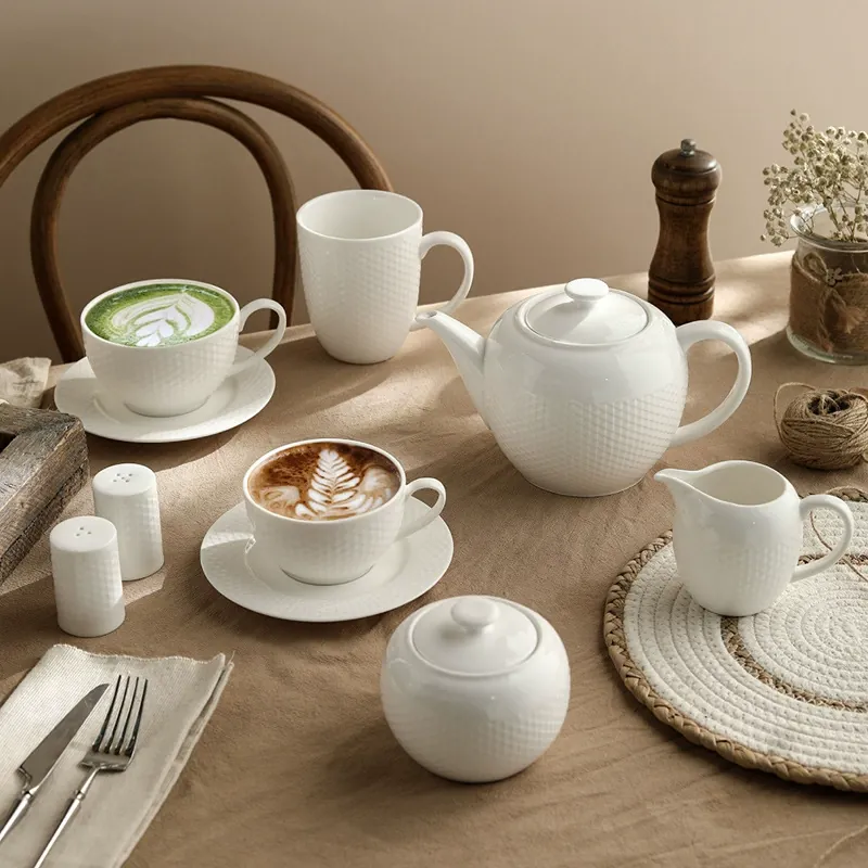 Grid Pattern Coffee Cup and Saucer Set with Teapot