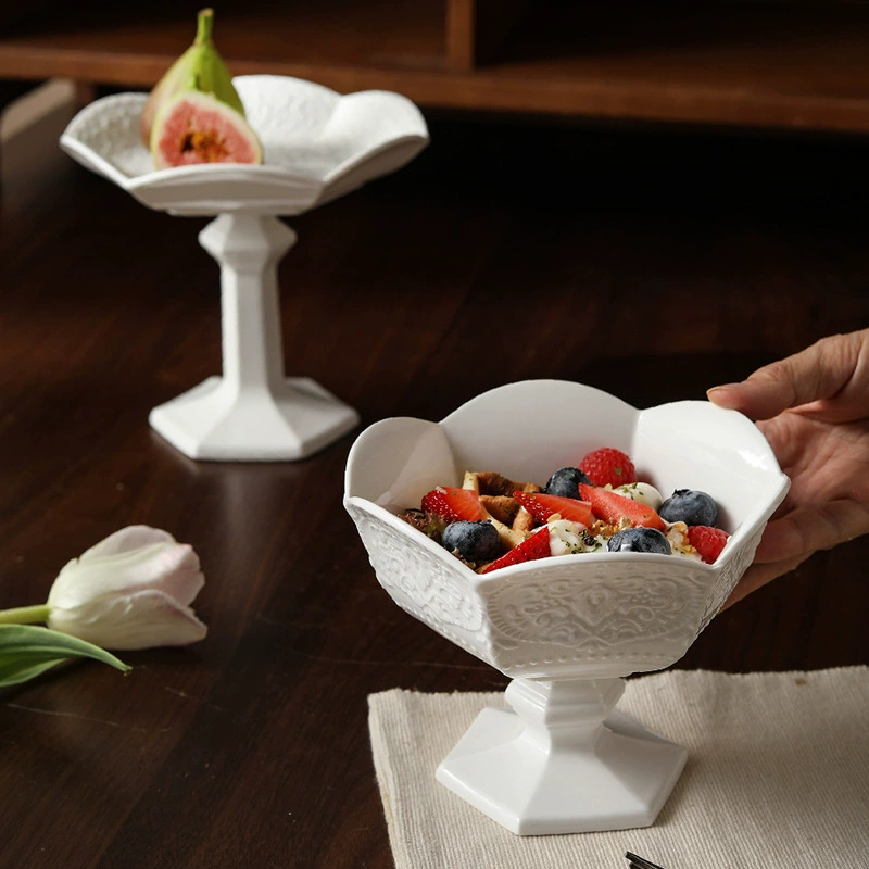 French Relief High-Foot Ceramic Dessert Bowl