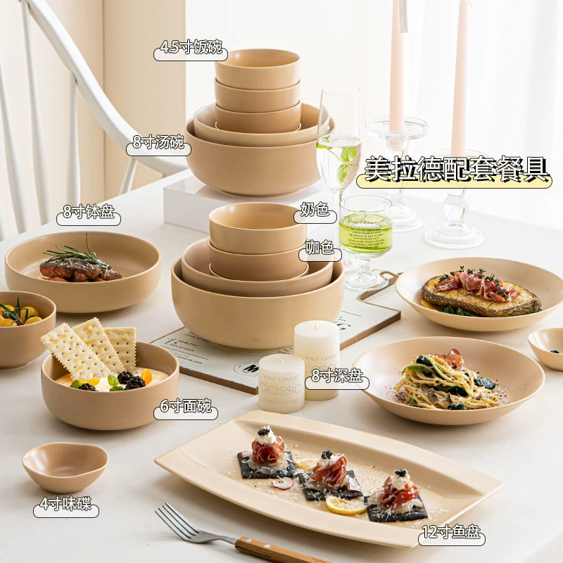 マットな磁器製ディナープレートセット（ミルクティー色） tableware view 3