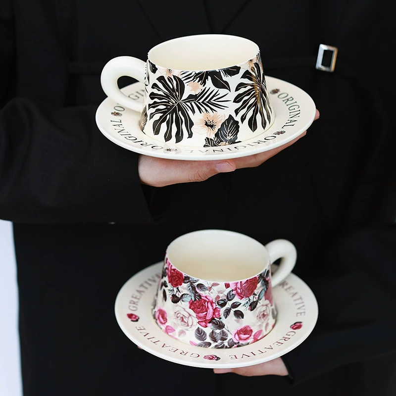 Ceramic Coffee Cup and Saucer Set with Floral Design