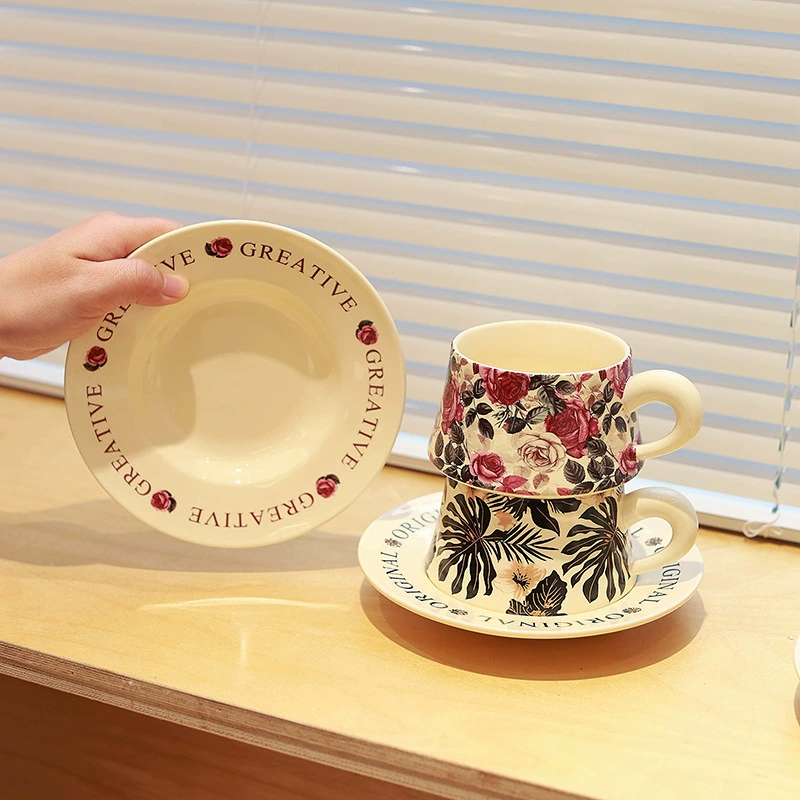 Ceramic Coffee Cup and Saucer Set with Floral Design tableware view 3