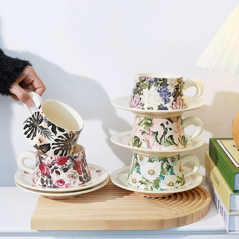 Ceramic Coffee Cup and Saucer Set with Floral Design tableware view 4