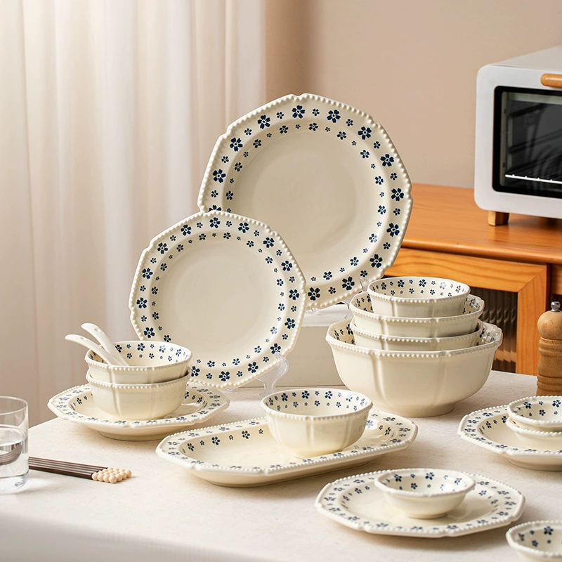 Porcelain Dinner Set with Blue Floral Design