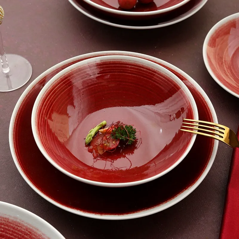 وعاء خلط من البورسلين بطلاء عتيق أحمر tableware view 2