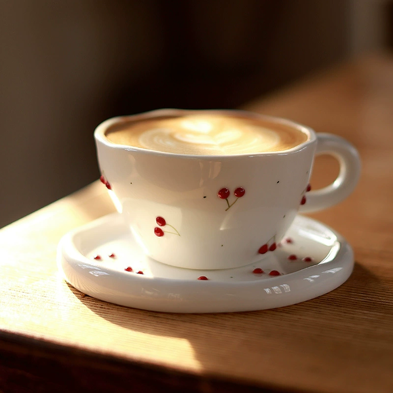 Ceramic Coffee Cup and Saucer Set with Fruit Design