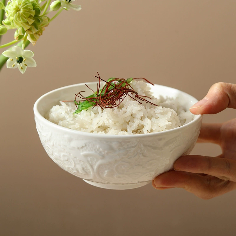 White Porcelain Rice Bowl with Relief
