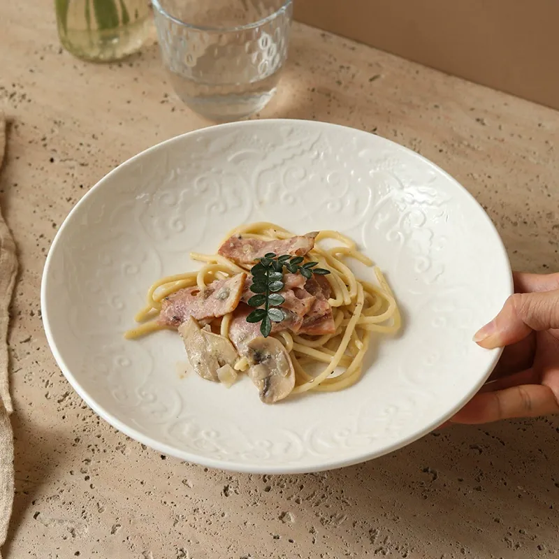 White Porcelain Deep Plate with Relief