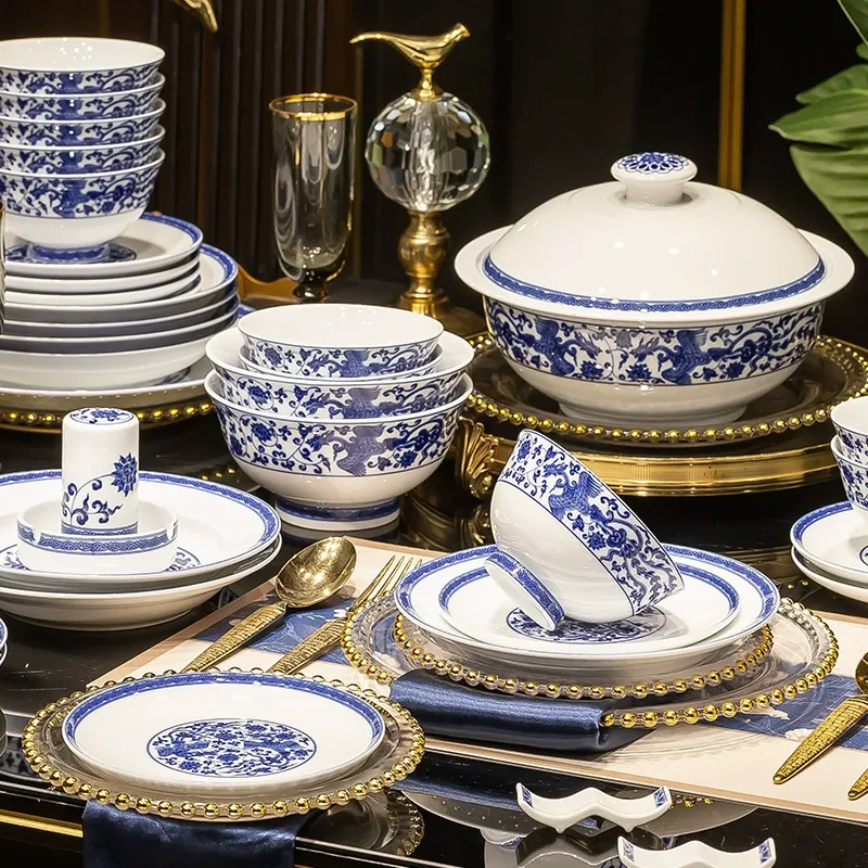Blue and White Porcelain Dinnerware Set tableware view 3