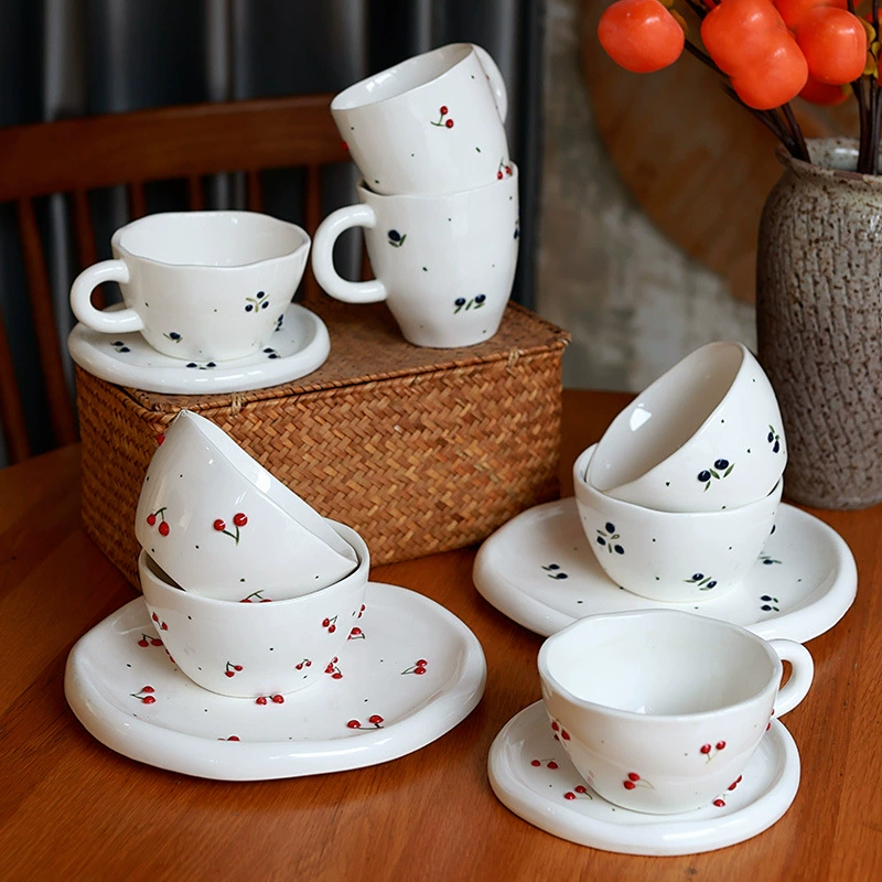 Ceramic Coffee Cup and Saucer Set with Fruit Design
