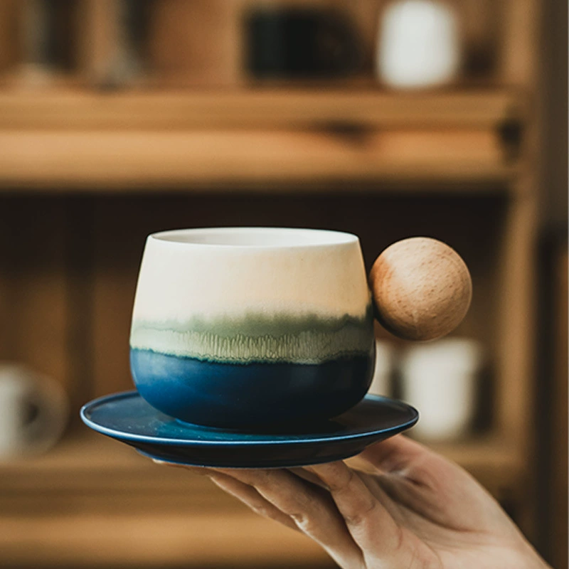 Wooden Handle Ceramic Cup and Saucer Set tableware view 2