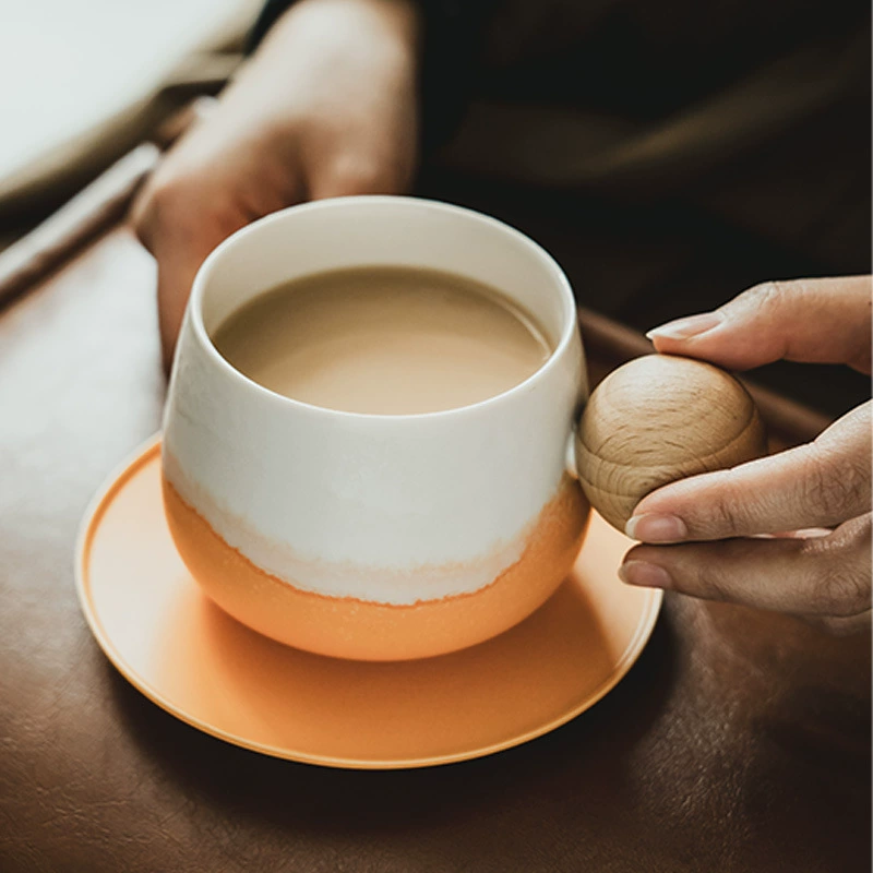 Wooden Handle Ceramic Cup and Saucer Set tableware view 4