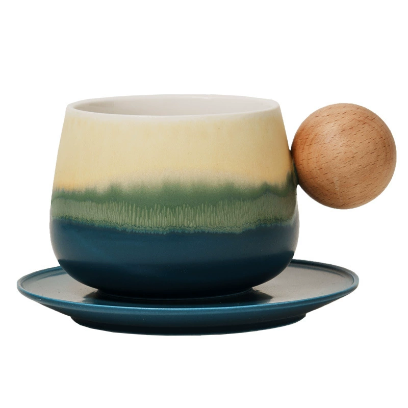 Wooden Handle Ceramic Cup and Saucer Set tableware view 5