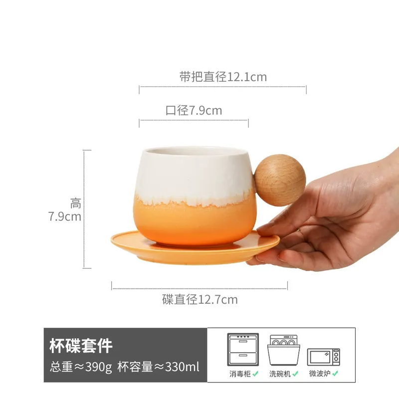 Wooden Handle Ceramic Cup and Saucer Set tableware view 6