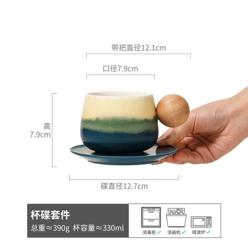 Wooden Handle Ceramic Cup and Saucer Set tableware view 7