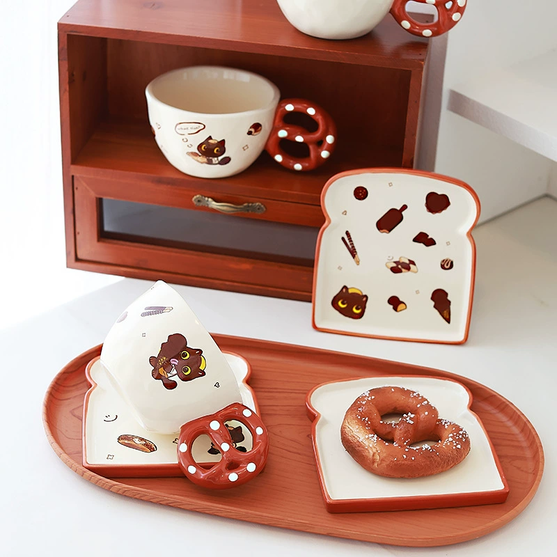 Ceramic Coffee Cup and Saucer Set with Bread Design