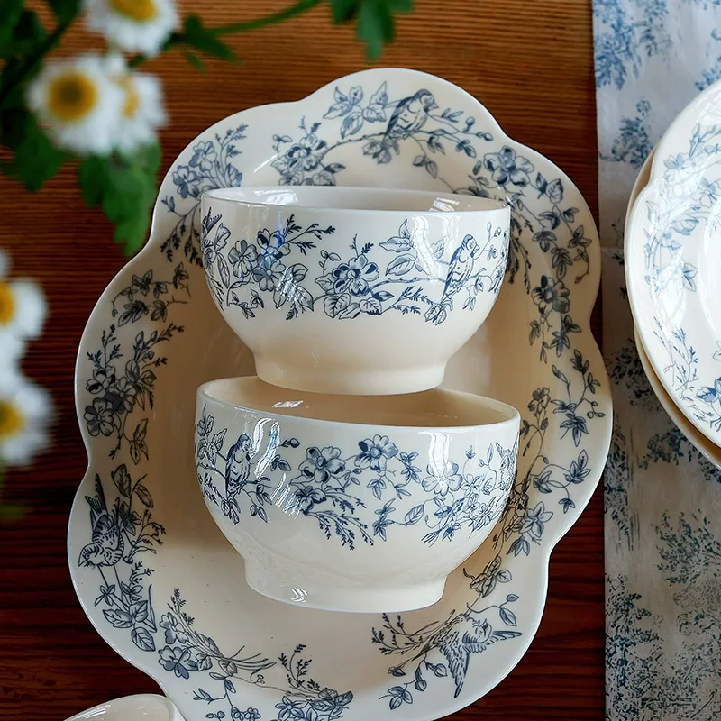 Porcelain Dessert Plate with Blue Floral Design tableware view 2