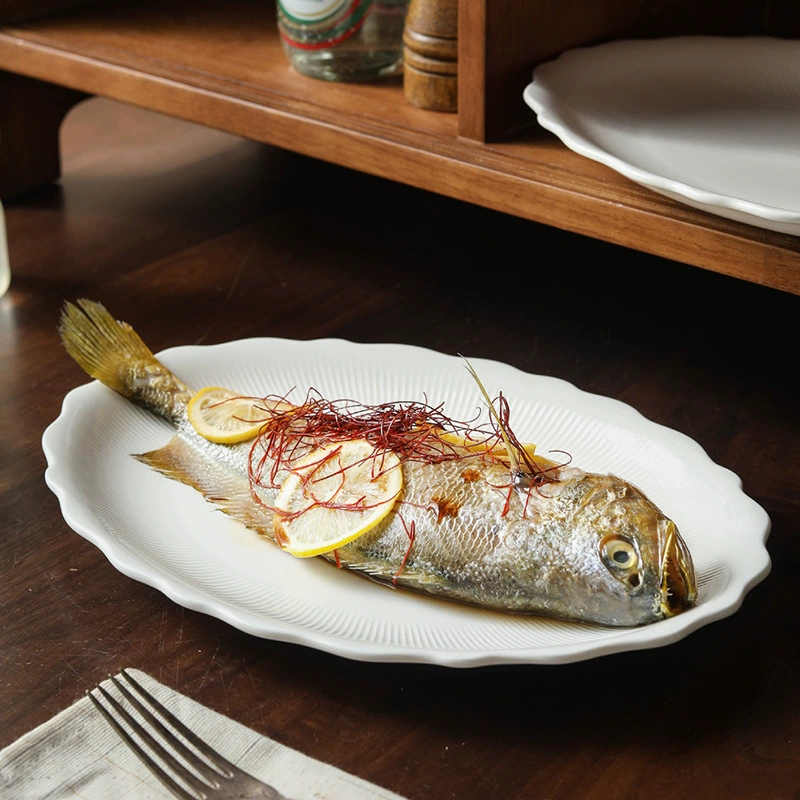 White Porcelain Oval Fish Plate with Lace Edge