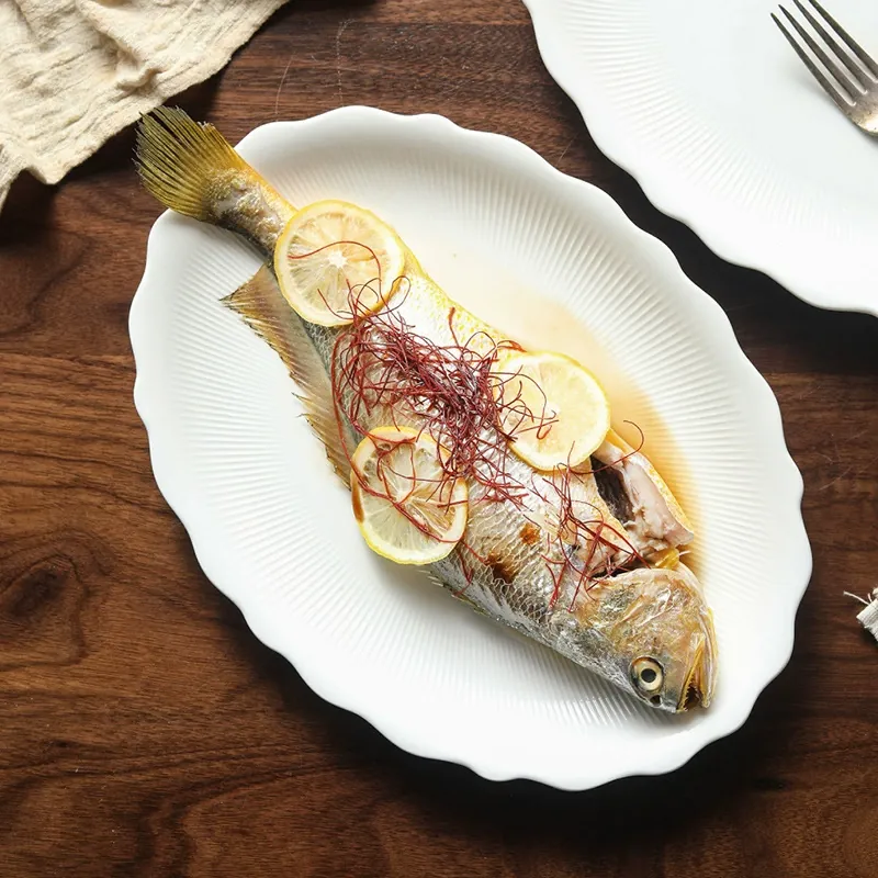 White Porcelain Oval Fish Plate with Lace Edge tableware view 2