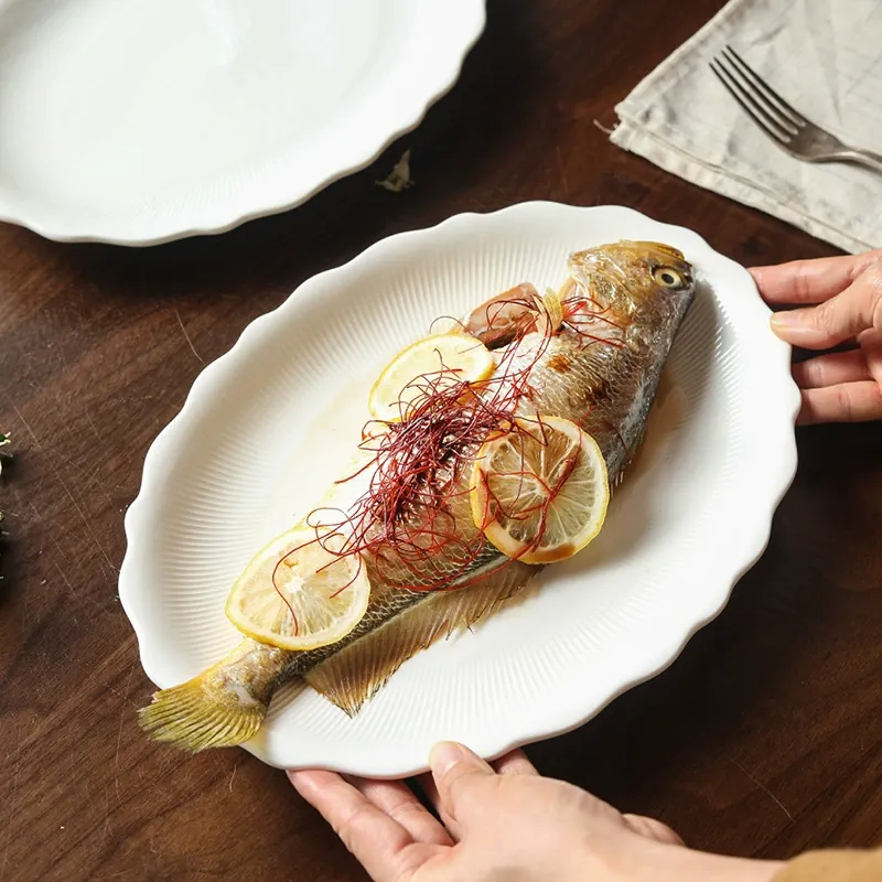 White Porcelain Oval Fish Plate with Lace Edge tableware view 3
