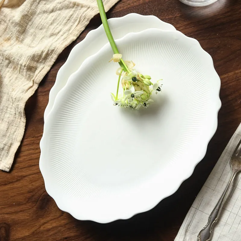 White Porcelain Oval Fish Plate with Lace Edge tableware view 4