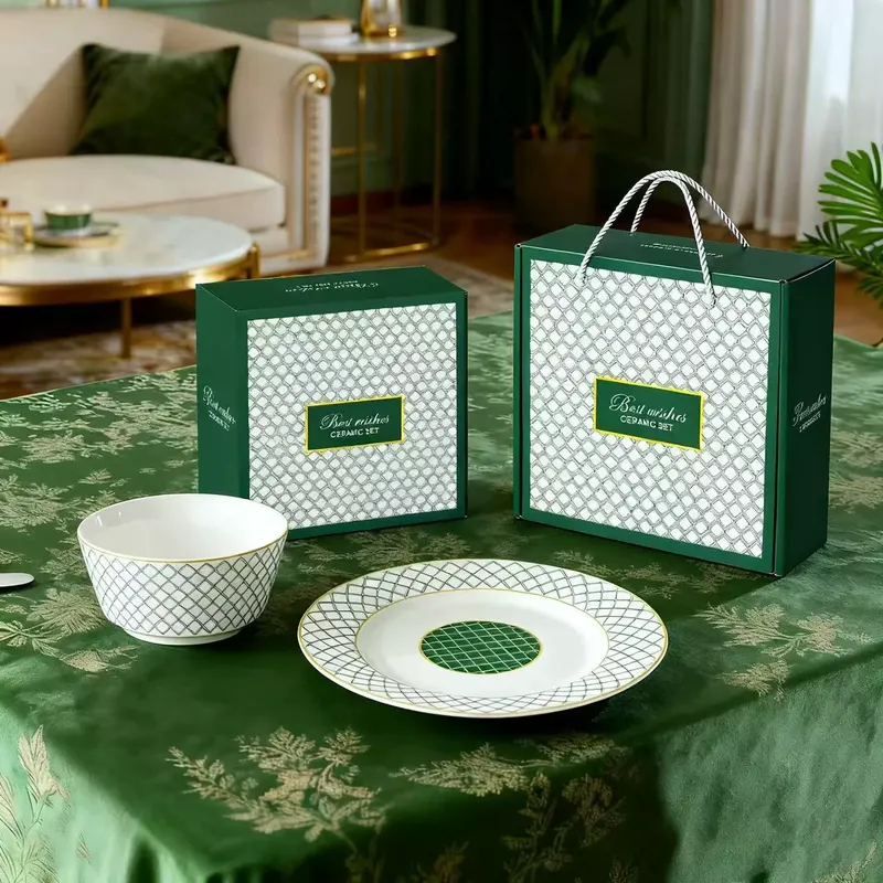 Набор зеленой керамической миски и тарелки tableware view 4