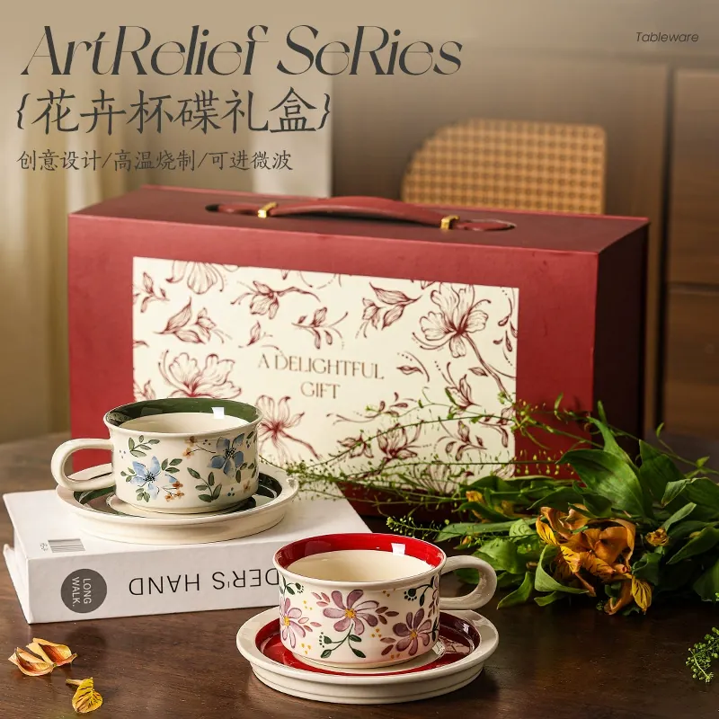 Ceramic Coffee Cup and Saucer Set Vintage Style tableware view 2