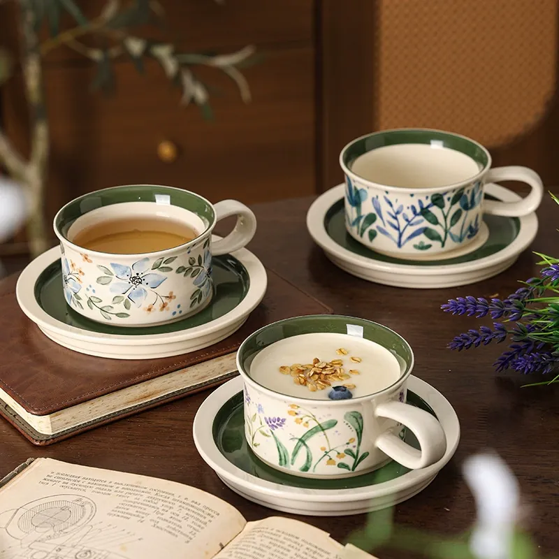 Ceramic Coffee Cup and Saucer Set Vintage Style tableware view 3