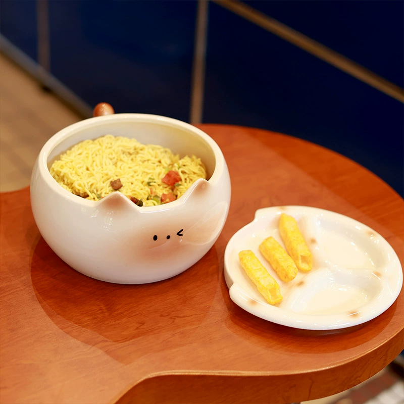Ceramic Noodle Bowl with Cat Design