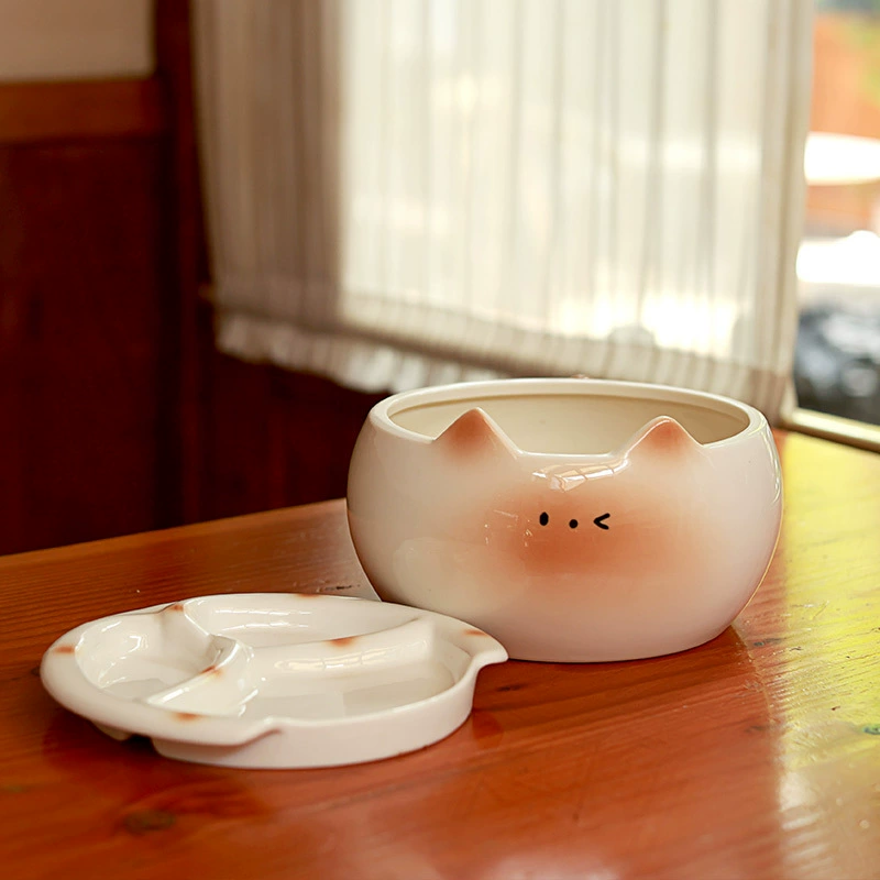 Ceramic Noodle Bowl with Cat Design tableware view 2