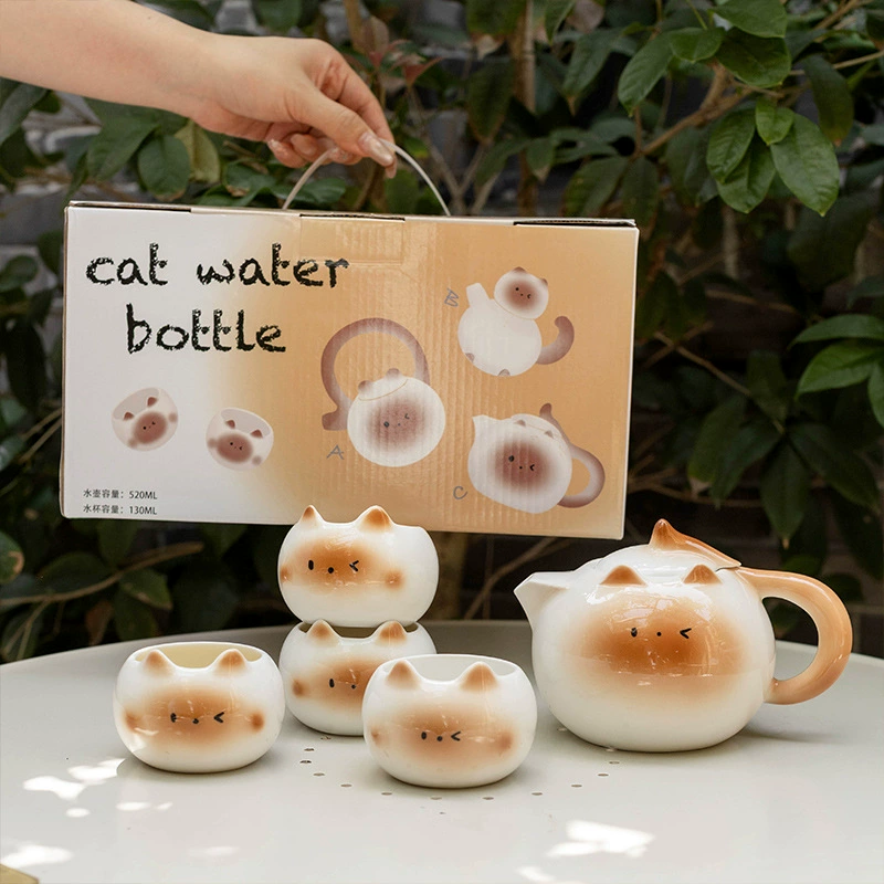 Ceramic Cup and Teapot Set with Cat Design
