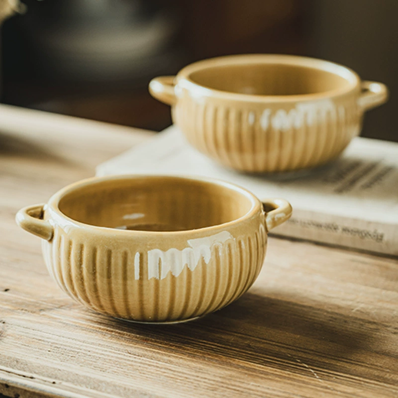 Caramel Double Handle Ceramic Bowl tableware view 3