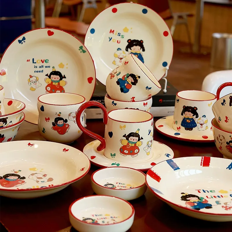 Porcelain Bowl and Plate Set with Dog Design